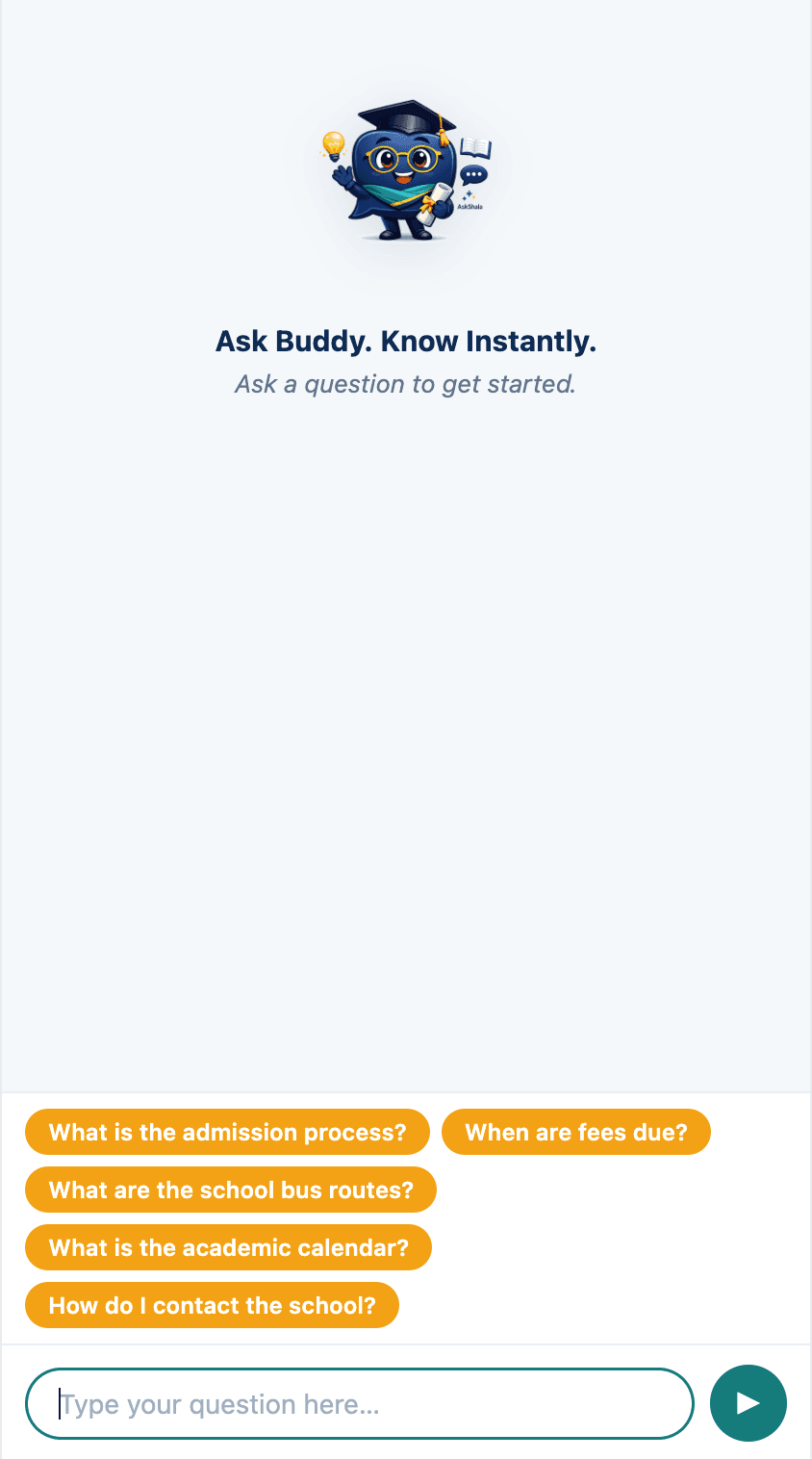 AskShala chat widget answering a school fee question with source citation